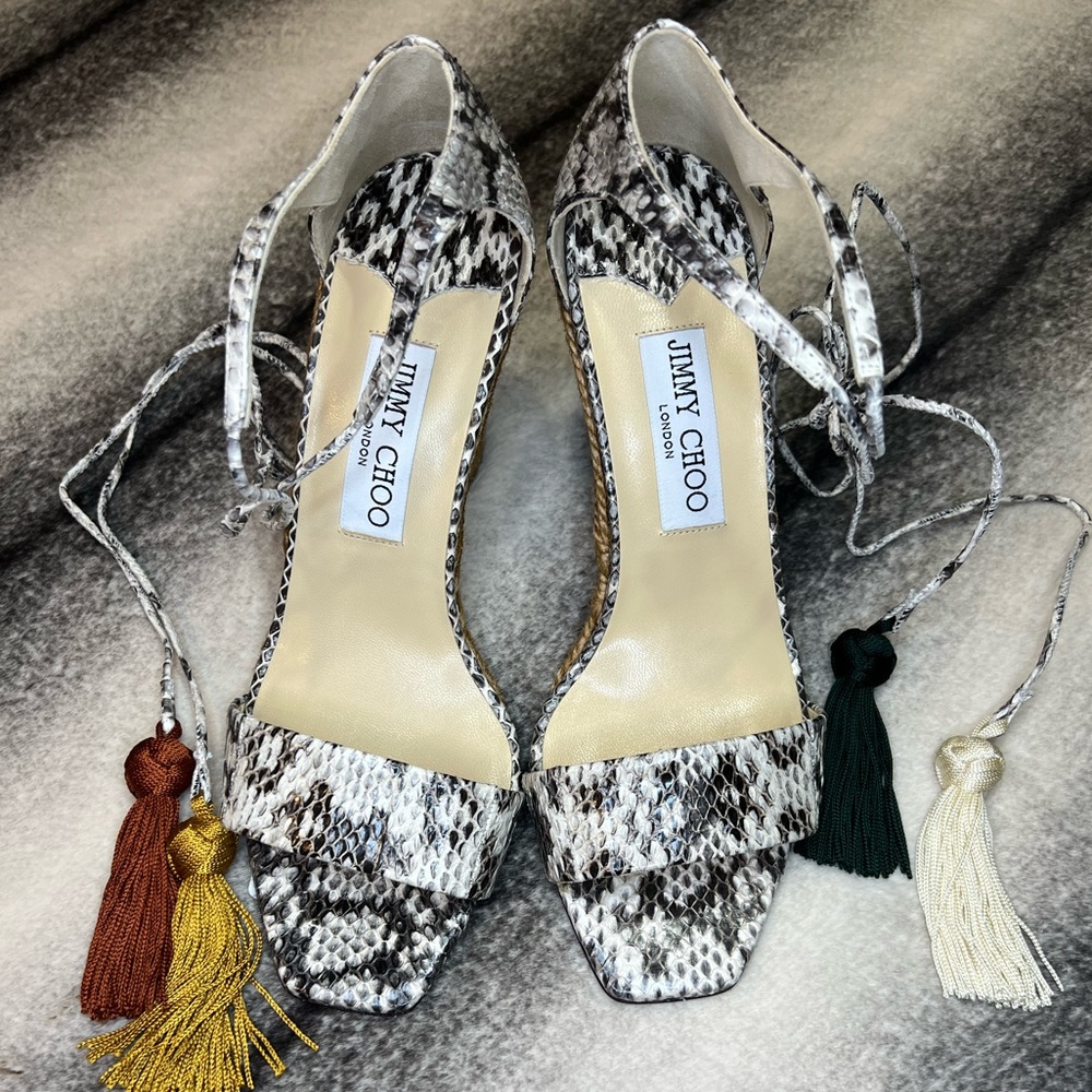 Jimmy Choo Deva 85 mm Tassle Wrap Sandal Roccia/Sun Mix Snakeskin Wedge Heels